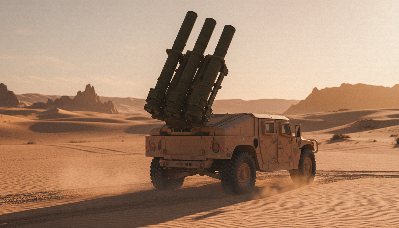 JAGM Quad Launcher com quatro células de lançamento apontadas para cima a 90 graus