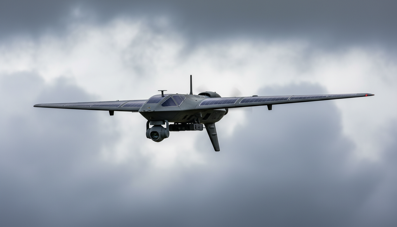Drone militar de vigilância voando contra céu nublado com sensores visíveis