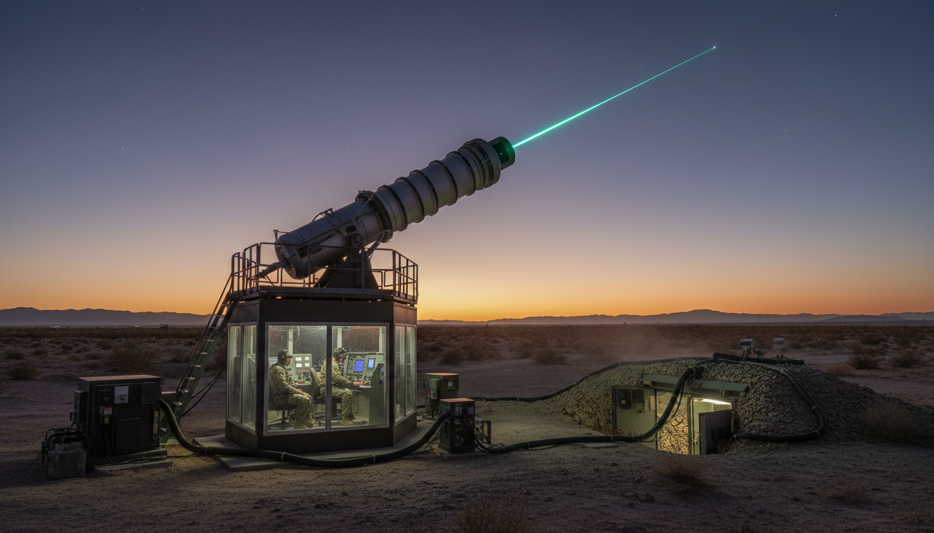 Estação terrestre com emissor laser apontado para o céu em base militar no deserto