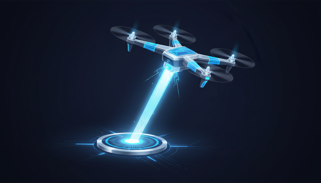Ilustração conceitual de feixe de energia laser do solo alimentando drone em voo