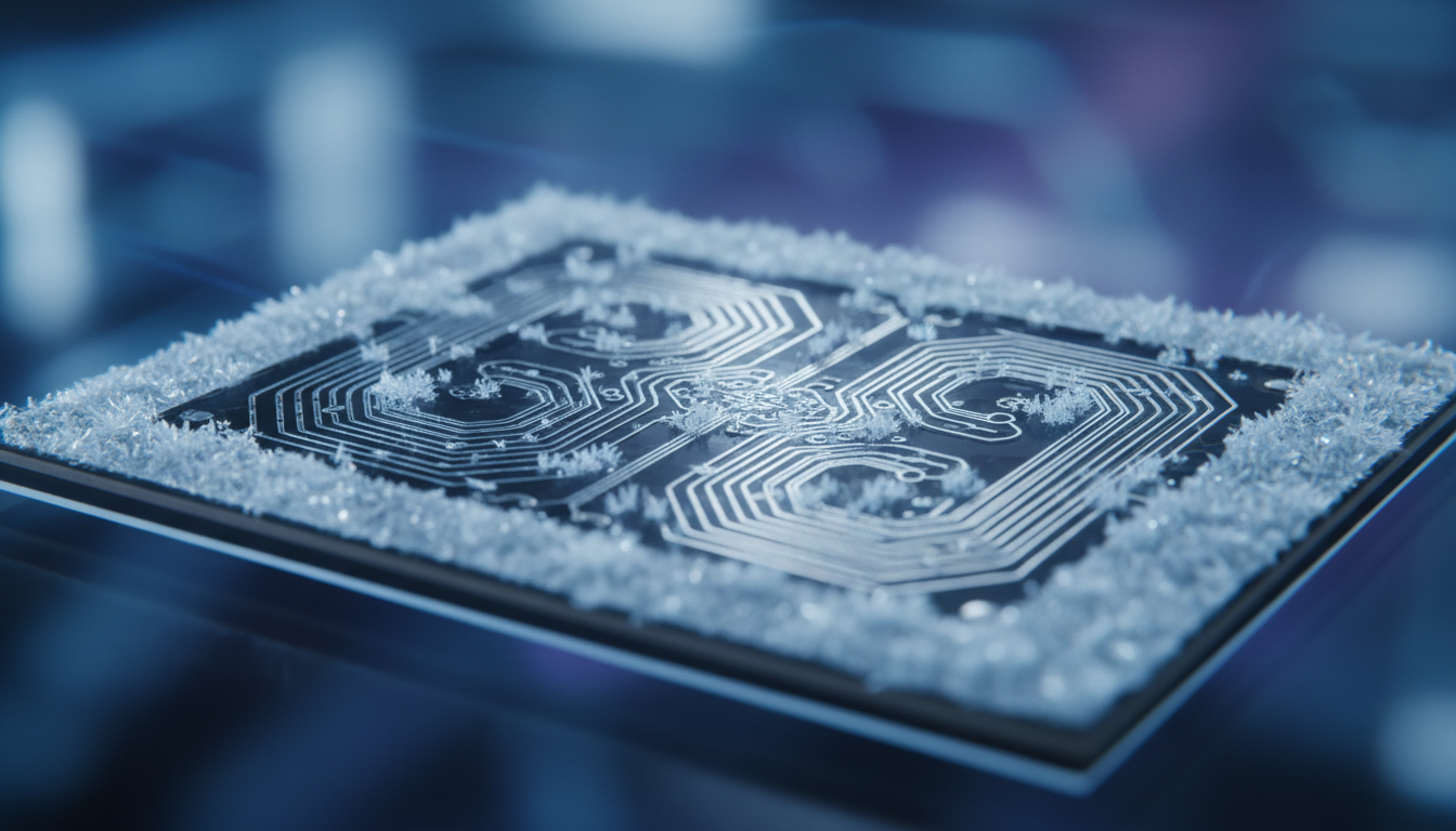 Chip de computador quântico com circuitos supercondutores e cristais de gelo na superfície