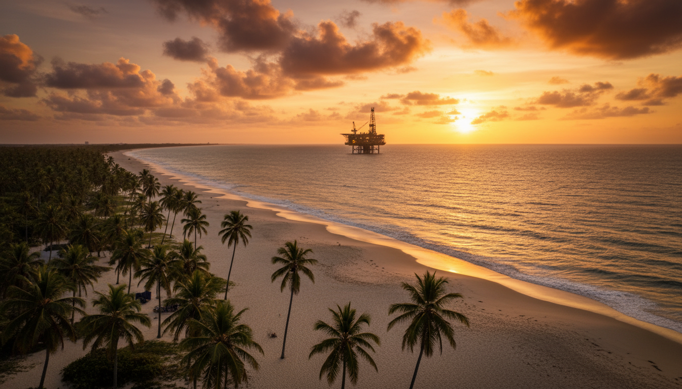 Litoral de Sergipe com plataforma de petróleo visível no horizonte ao entardecer