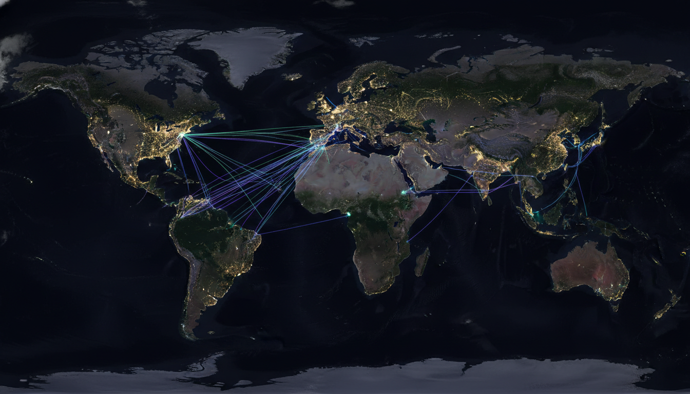 Mapa noturno do mundo visto do espaço mostrando rede de cabos submarinos conectando continentes