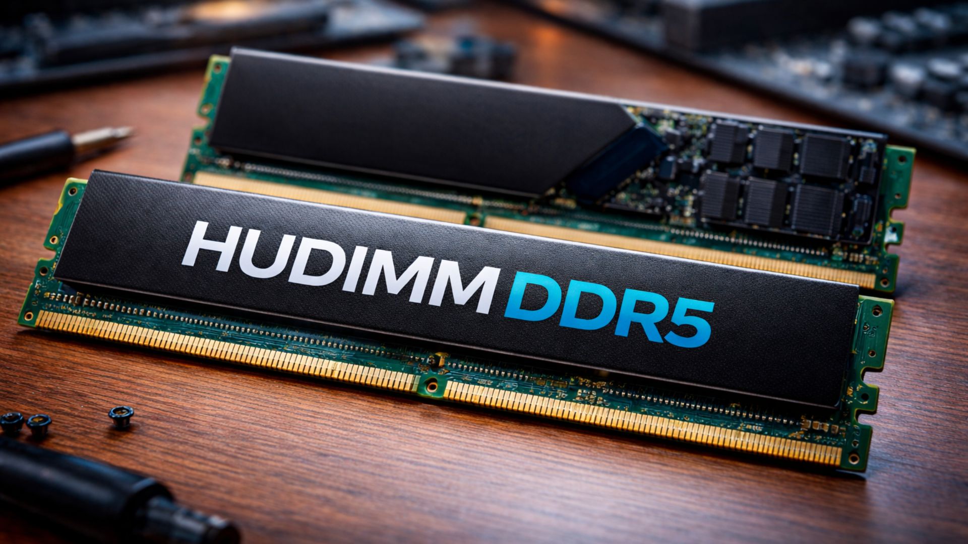 Memórias RAM DDR5 sobre mesa de madeira, com um módulo em destaque e outro ao fundo sem identificação, representando nova tecnologia de baixo custo para PCs