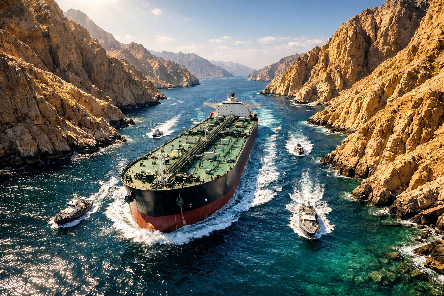 petroleiro navegando no estreito de Ormuz entre montanhas rochosas de Musandam em Omã