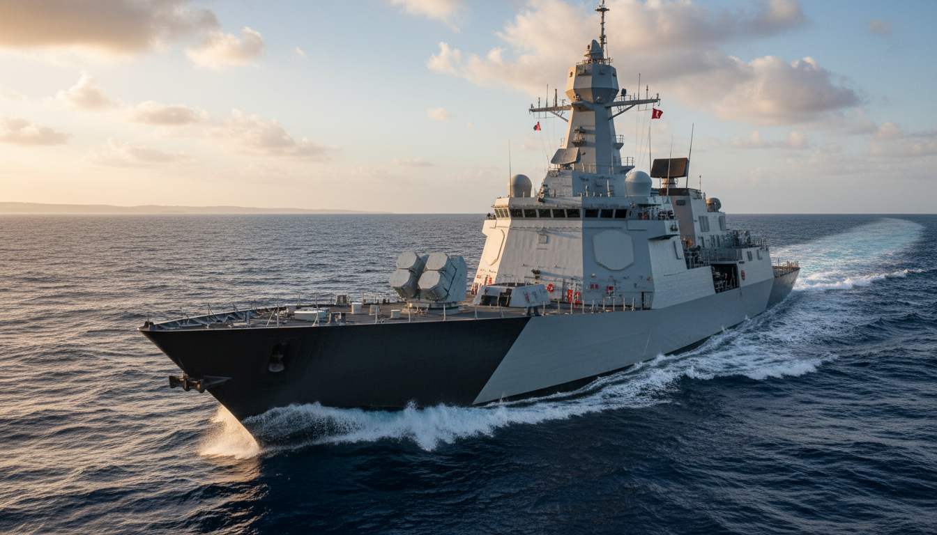 Navio de guerra moderno com sistema de defesa antimíssil instalado no convés