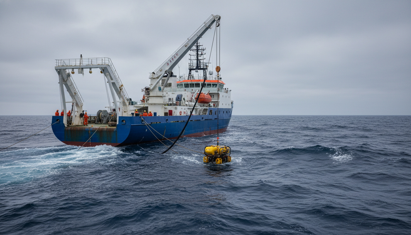 Navio de pesquisa chinês Haiyang Dizhi implantando veículo operado remotamente no oceano