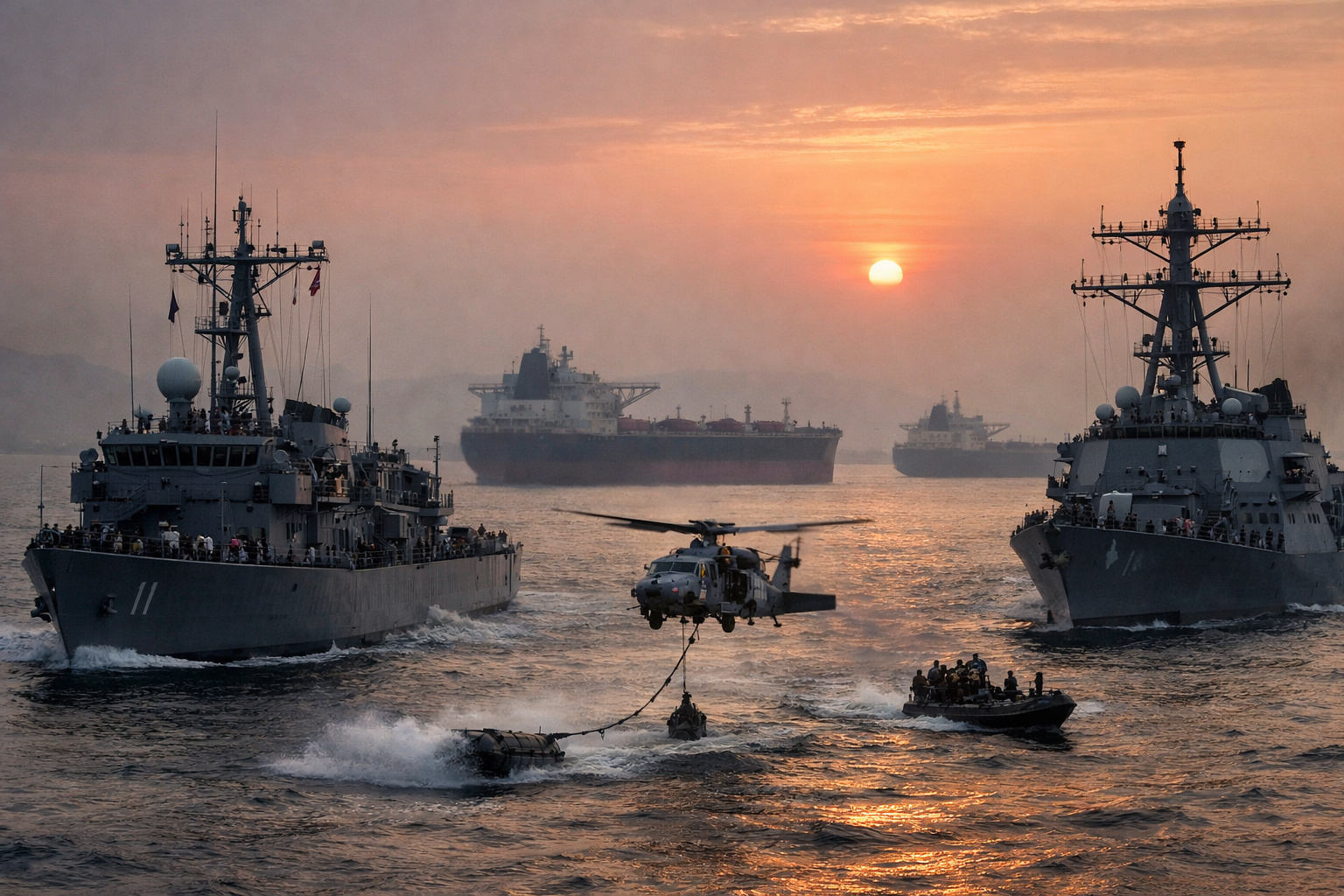 navios de guerra dos EUA no Estreito de Ormuz realizando remoção de minas com petroleiros ao fundo
