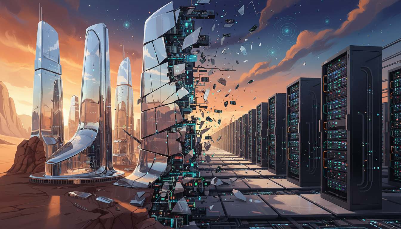 Representação artística de cidade futurista espelhada sendo convertida em data center de inteligência artificial no deserto