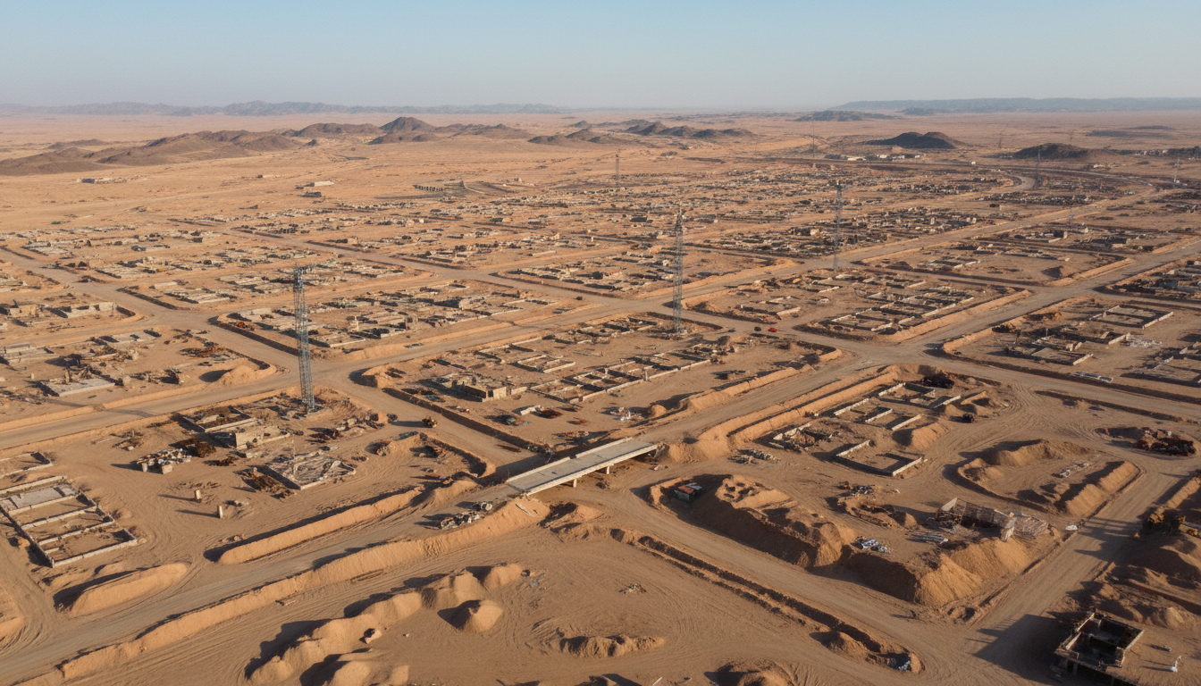 Canteiro de obras de NEOM The Line no deserto da Arábia Saudita com fundações de concreto se estendendo ao horizonte