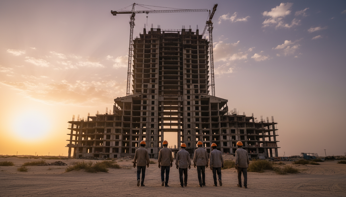 Trabalhadores de construção civil caminhando em canteiro de obras abandonado no deserto