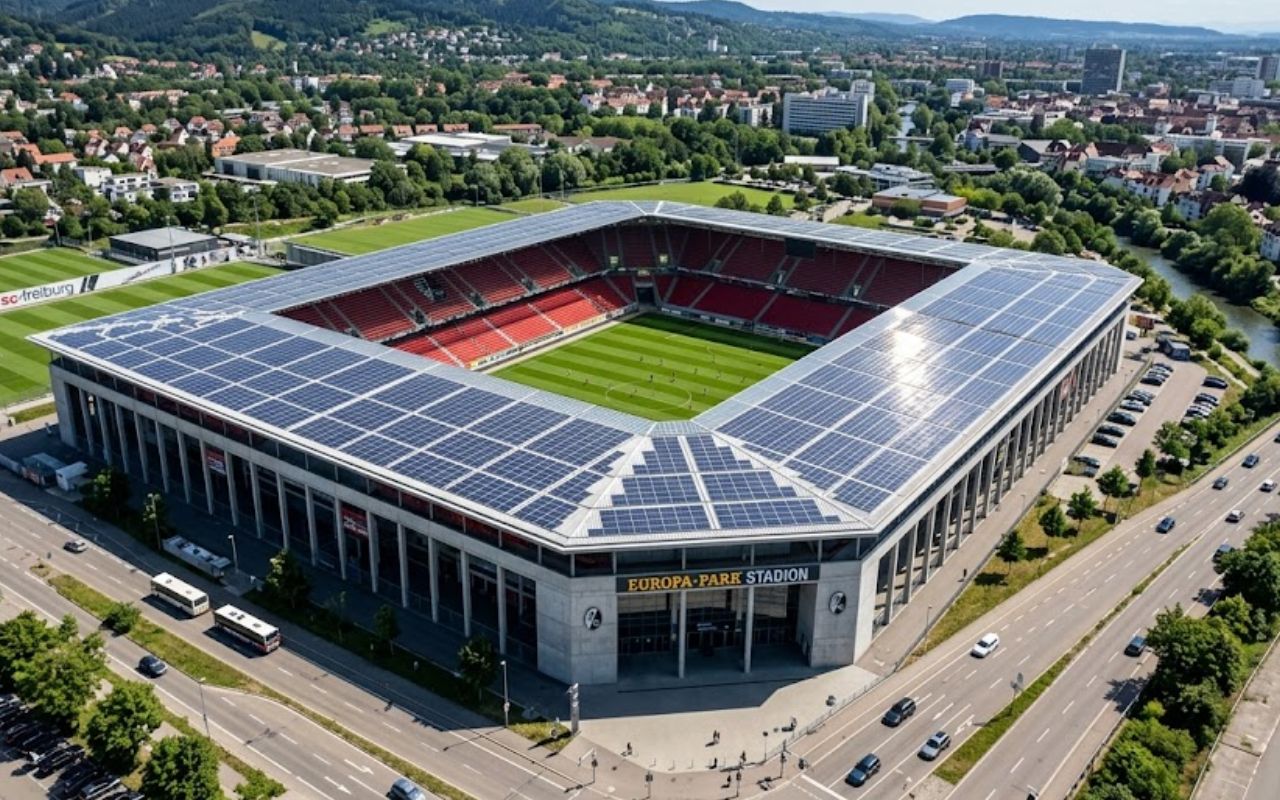 Conheça o Europa-Park Stadion em Friburgo, Alemanha. Um projeto que une acessibilidade total, cultura de torcida e uma cobertura solar capaz de gerar energia limpa.