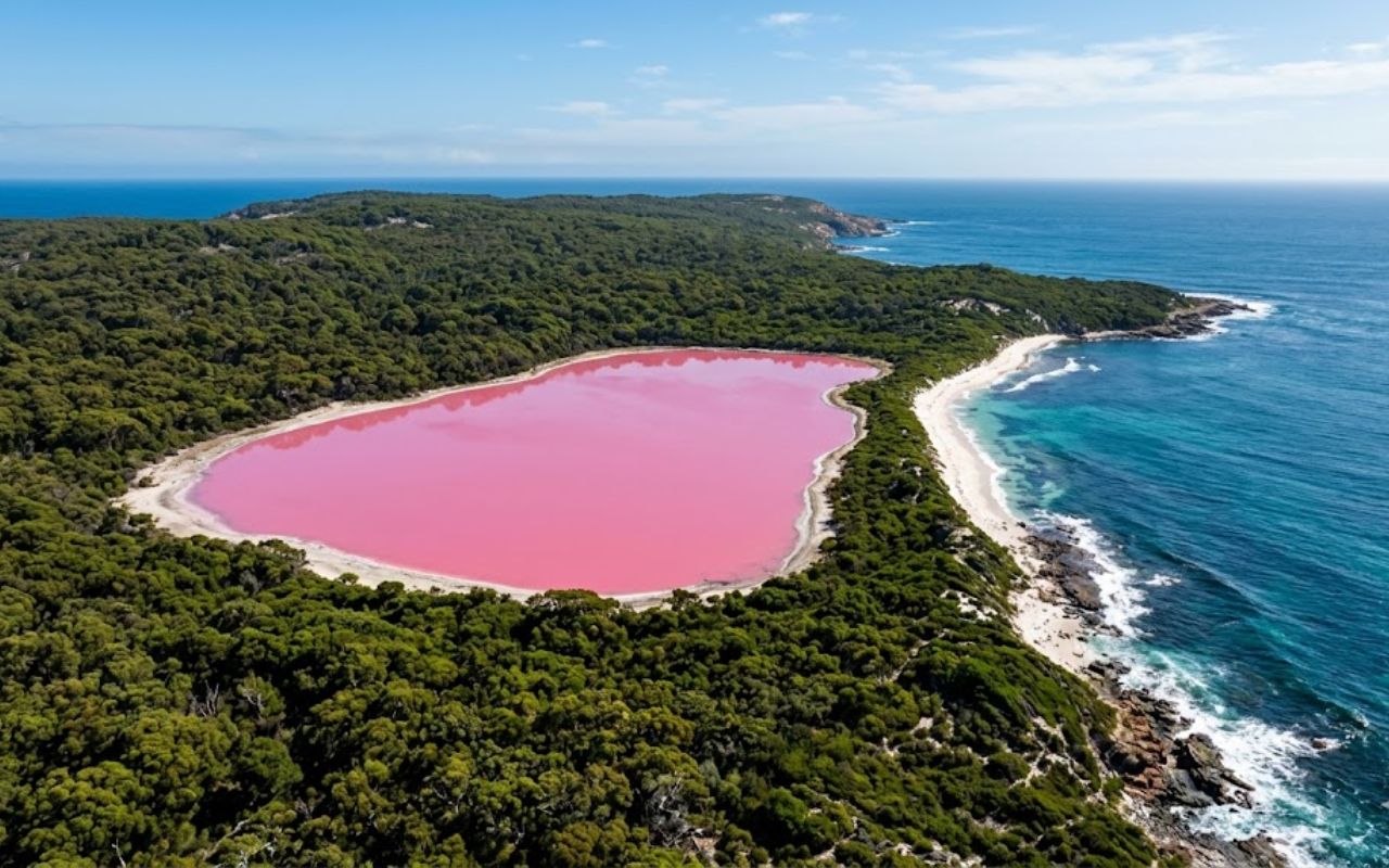 Descubra o lago Hillier, o famoso destino australiano de águas cor-de-rosa que desafia a ciência. Entenda as causas naturais desse fenômeno impressionante.
