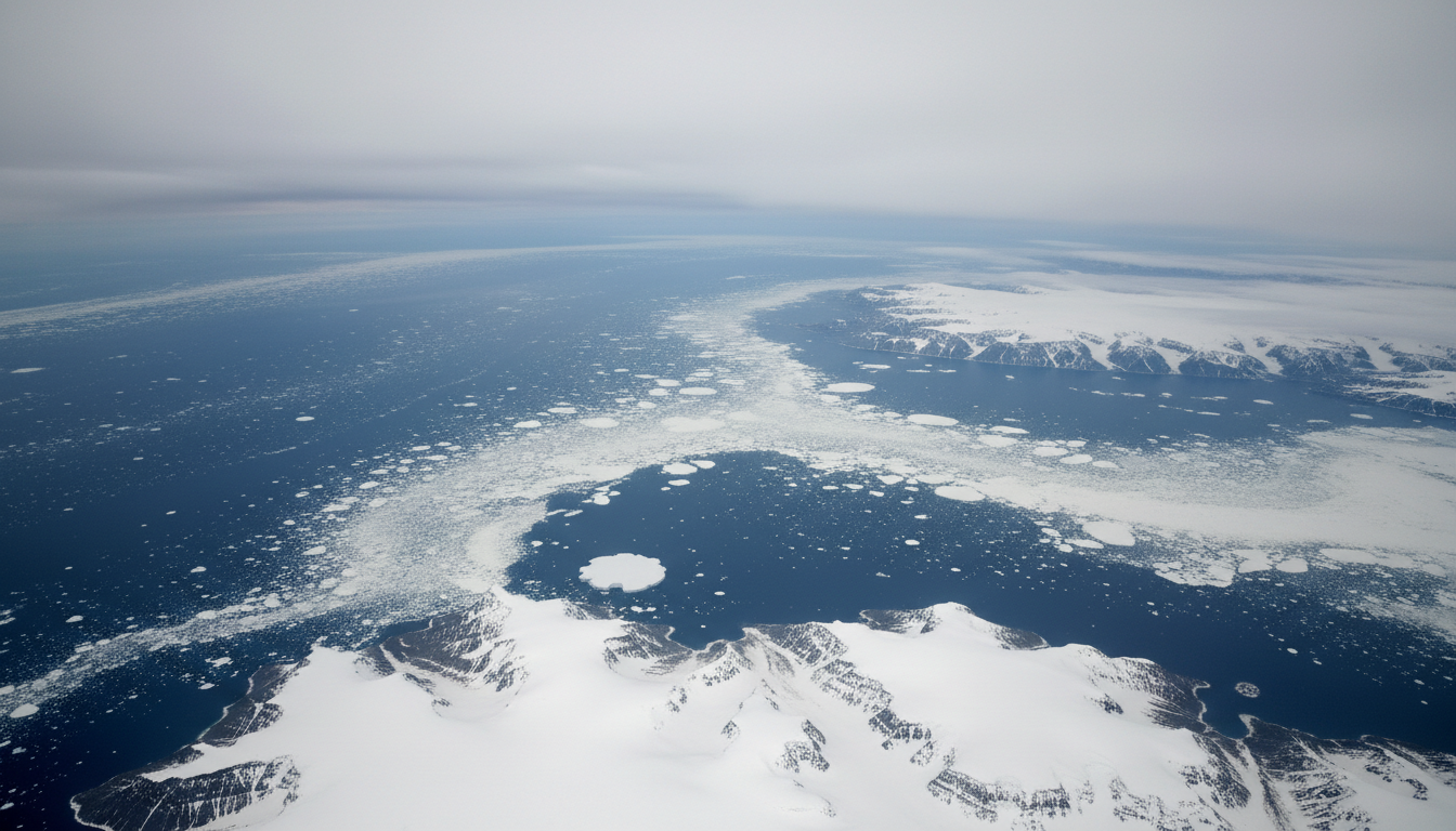 Vista aérea do Oceano Austral com gelo marinho fragmentado e águas abertas ao redor da Antártida