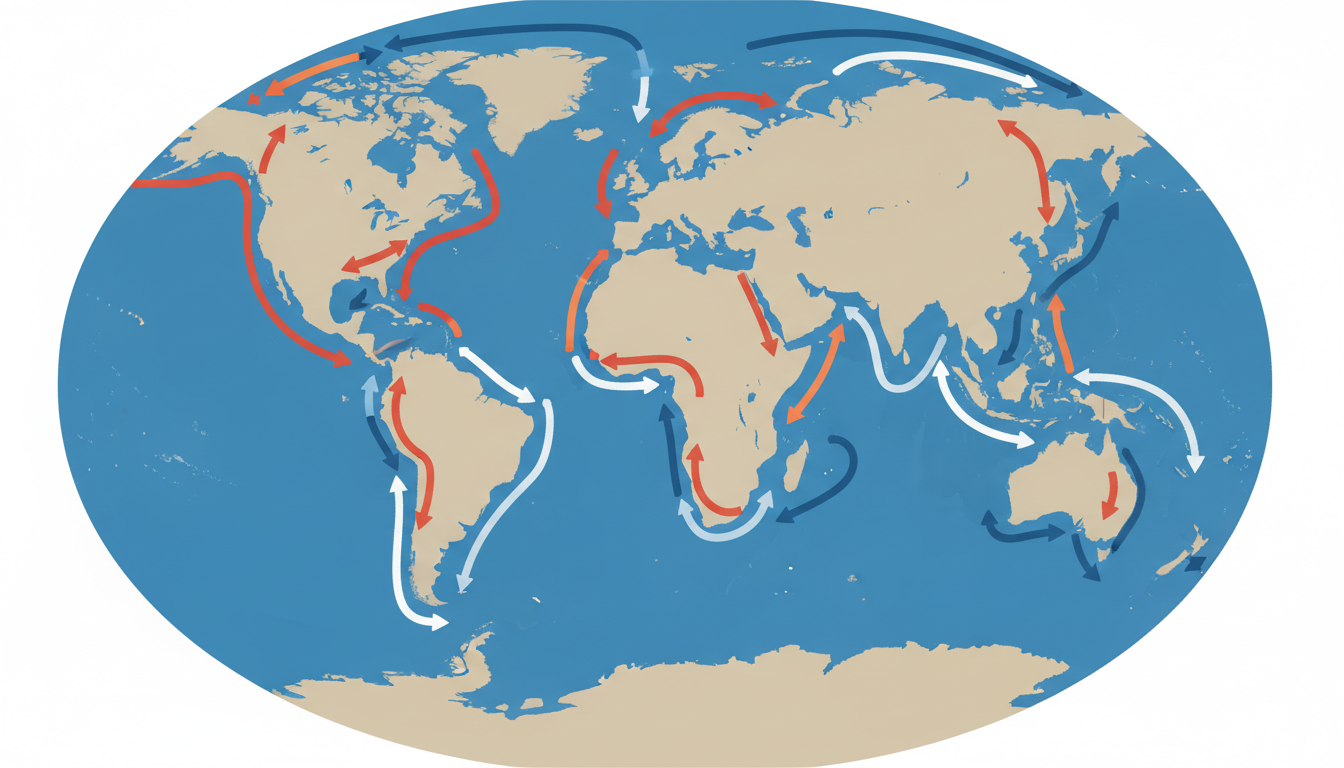 Diagrama da circulação termohalina global mostrando o papel do Oceano Austral nas correntes oceânicas