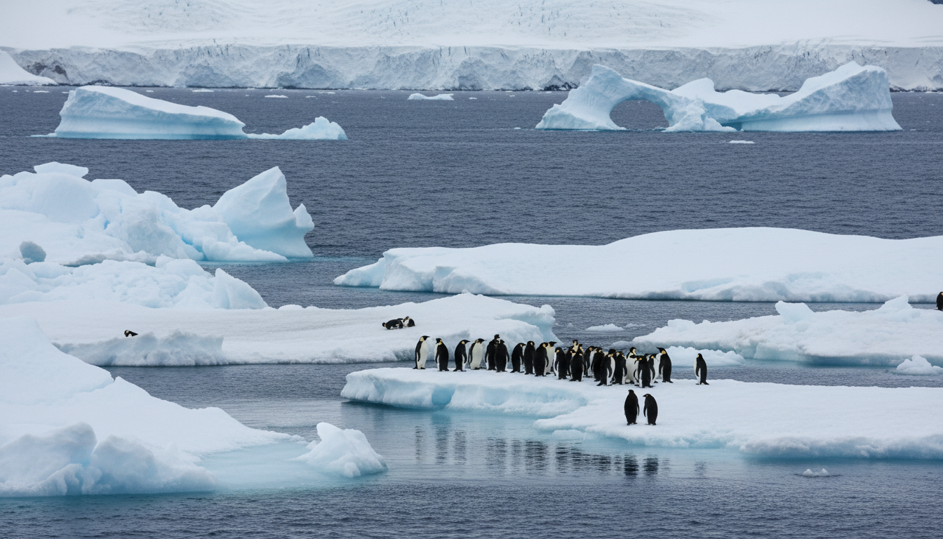 Pinguins na Antártida com gelo derretendo ao fundo, oceano azul profundo visível, impacto das mudanças climáticas