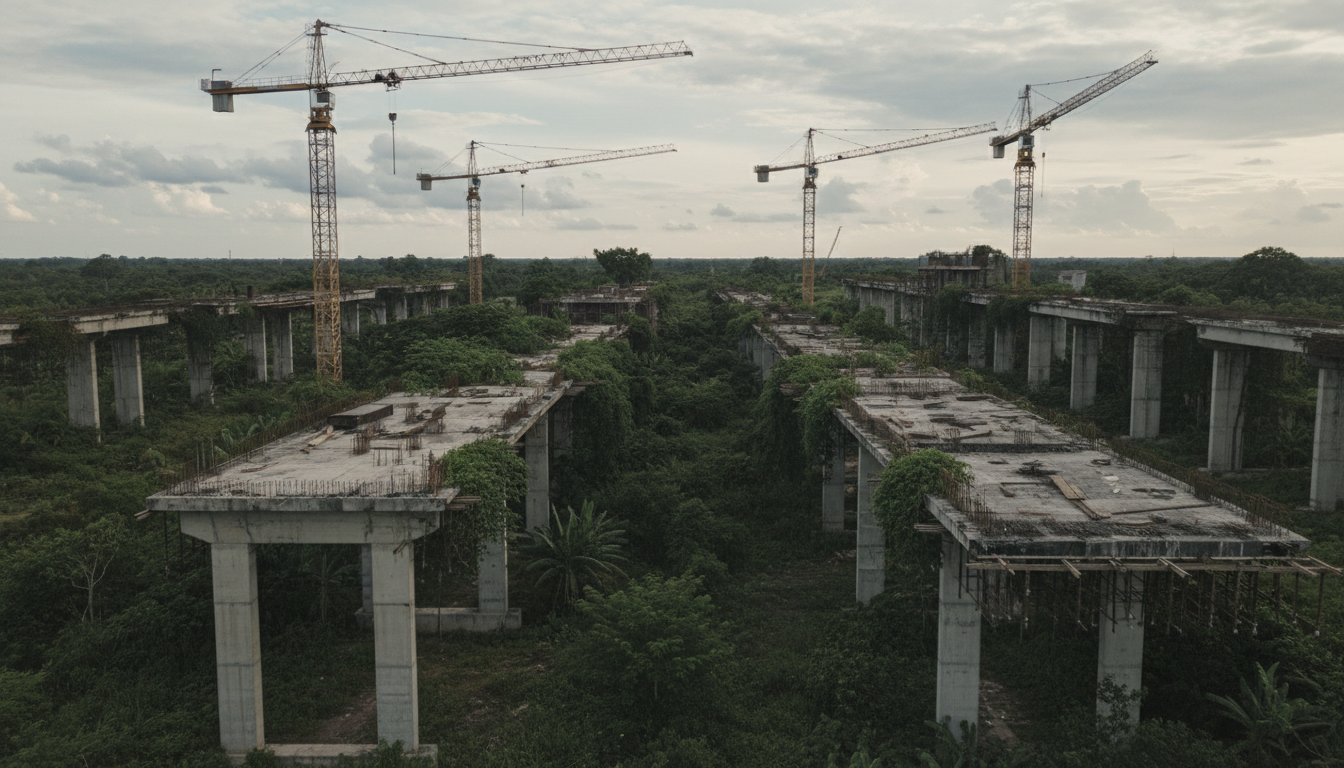 Obras de infraestrutura paralisadas no Brasil com guindastes parados e vegetação tomando conta