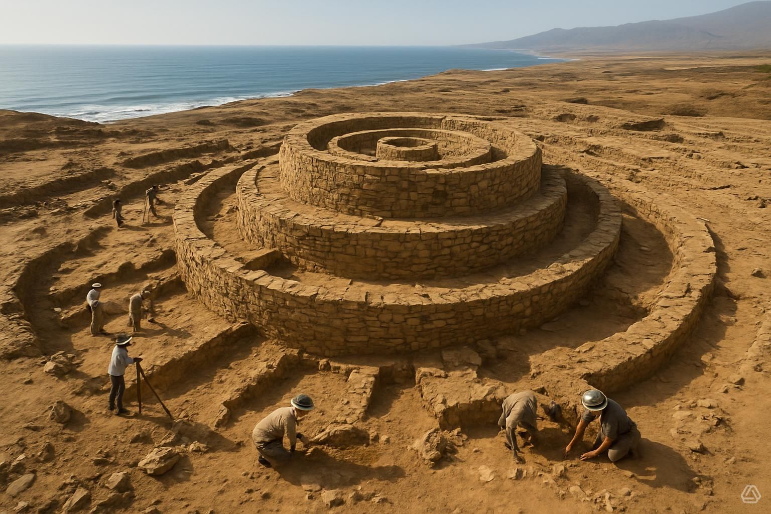 observatório astronômico antigo da civilização Caral em Áspero Peru com estrutura circular de pedra
