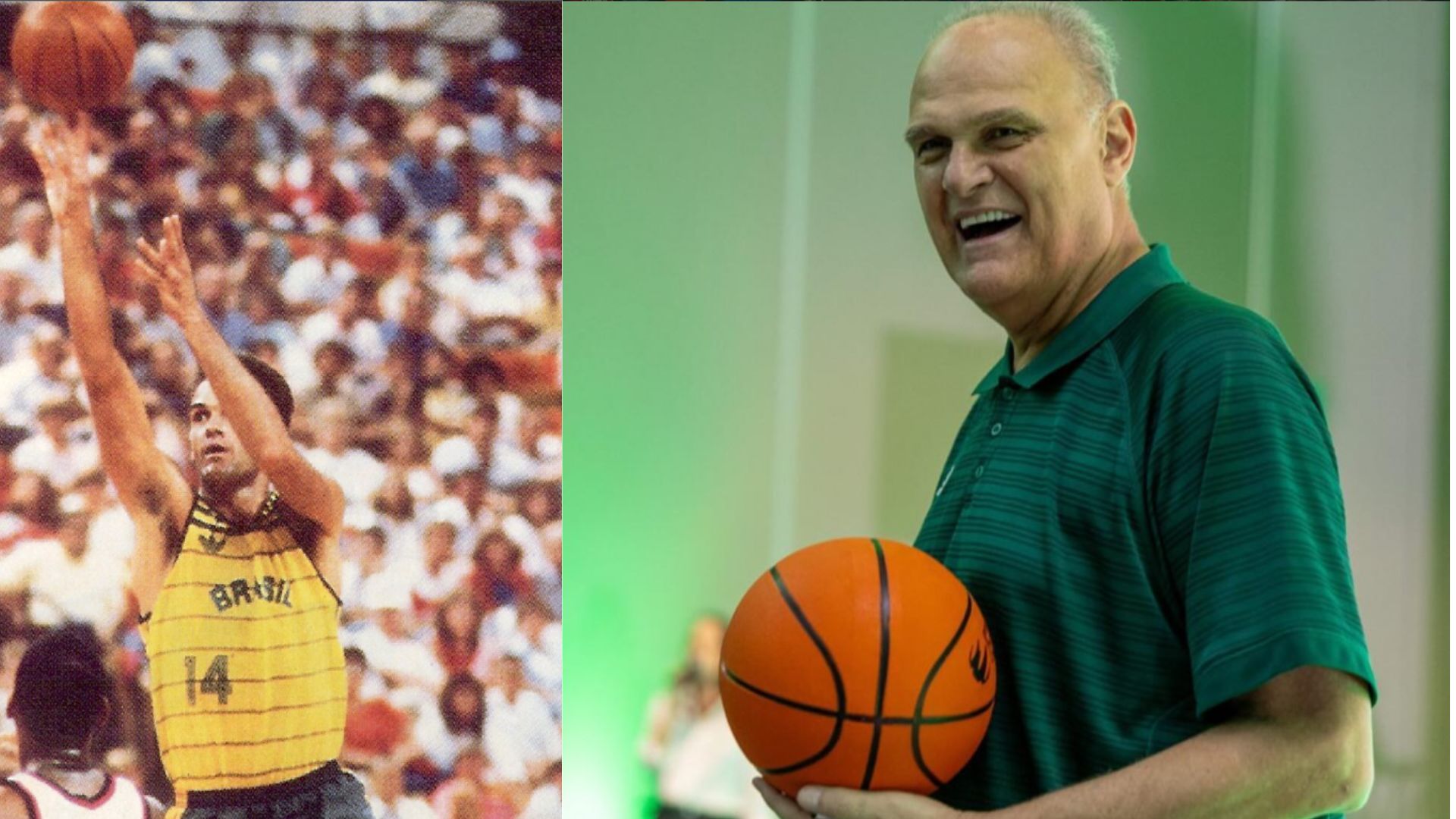 Oscar Schmidt arremessando bola de basquete com uniforme da seleção brasileira