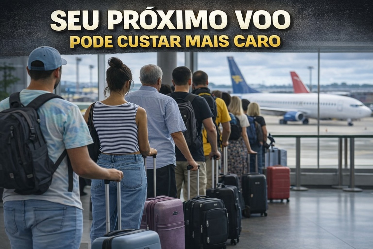 Passageiros em fila no aeroporto com aviões ao fundo, representando o aumento das passagens aéreas devido à alta do querosene de aviação no Brasil