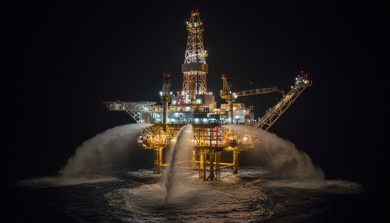 Perfuração offshore em águas profundas à noite em plataforma semissubmersível