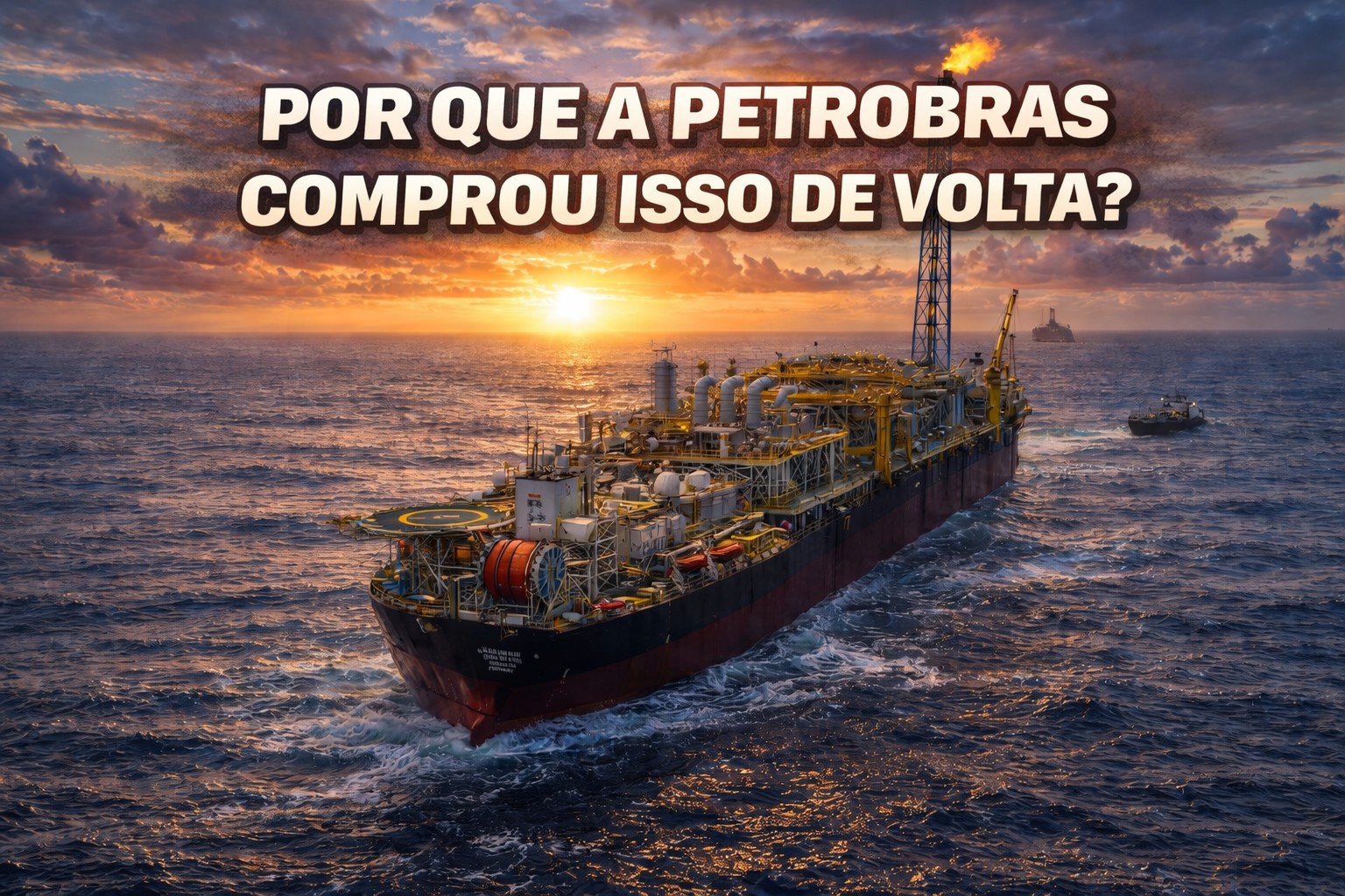 FPSO da Petrobras na Bacia de Campos ao pôr do sol com destaque para decisão bilionária de recompra de campos que pode impactar empregos no setor de petróleo