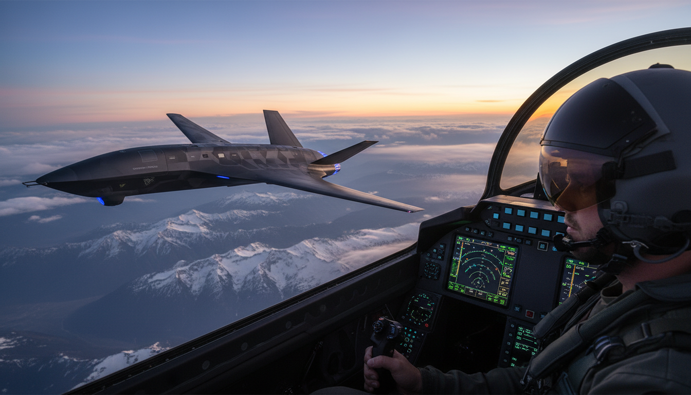 Piloto de F-35 observando drone wingman autônomo