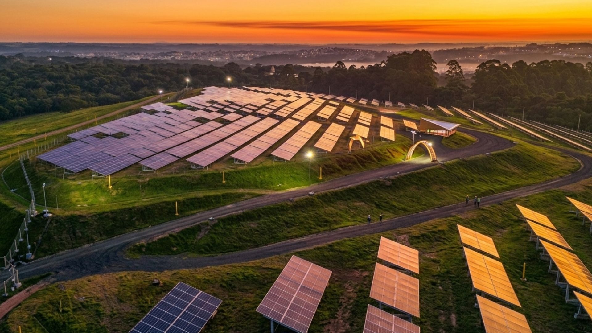 Vista aérea da Pirâmide Solar em Curitiba ao entardecer, com fileiras de painéis de energia solar instalados sobre área elevada no bairro Caximba