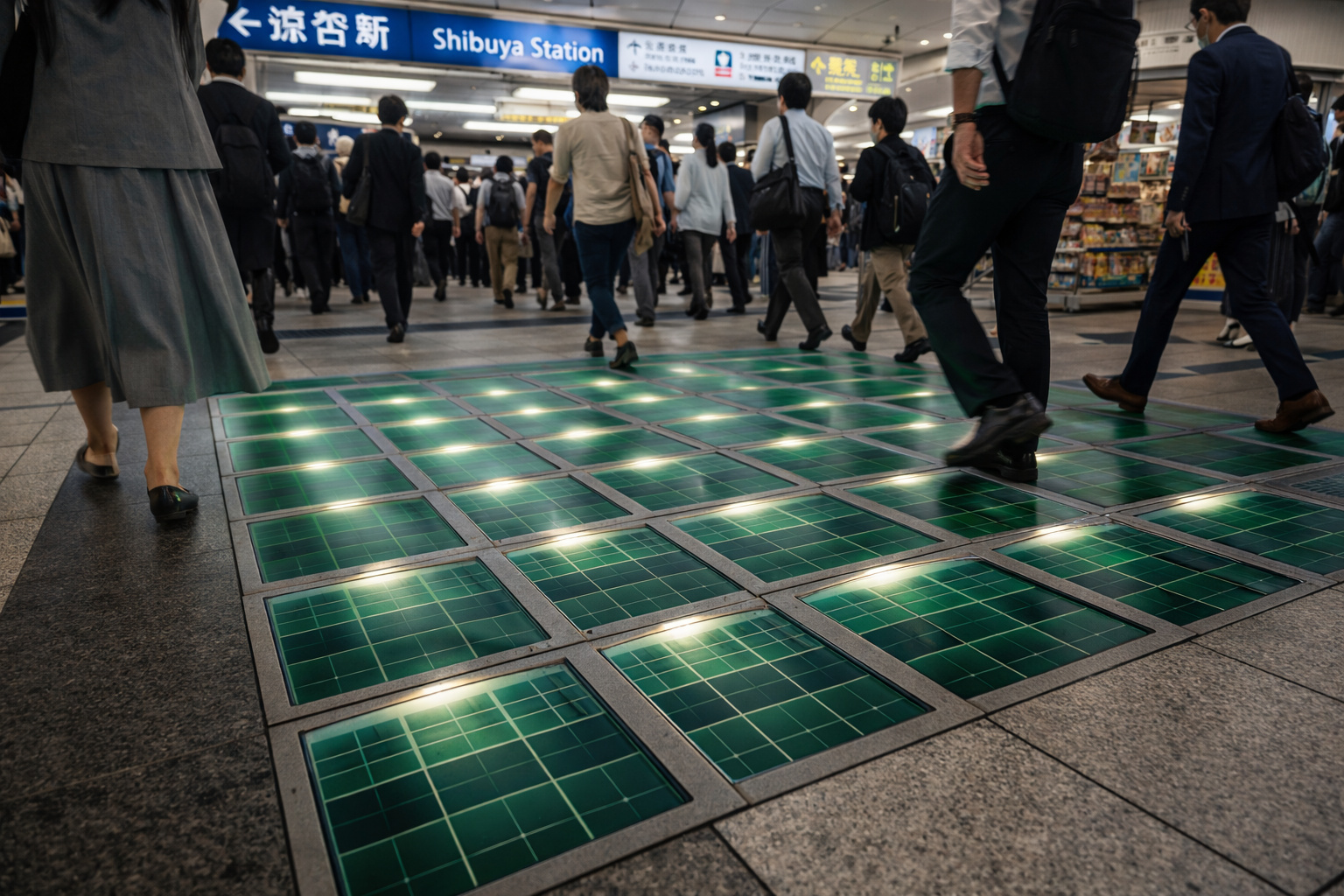 No Japão, estação de Shibuya com até 2,4 milhões de pedestres por dia transforma cada passo em eletricidade com pisos inteligentes que geram energia 24 horas por dia e revelam como o simples ato de caminhar pode virar uma nova fonte urbana de energia renovável