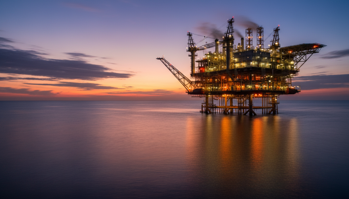 Plataforma de petróleo offshore ao entardecer com luzes acesas