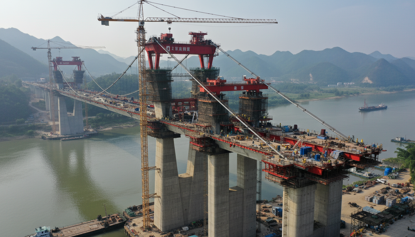 Ponte em construção na China com guindastes e operários mostrando escala de megaprojeto de infraestrutura