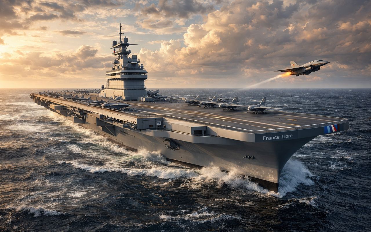 O novo porta-aviões nuclear France Libre será maior, mais moderno e estratégico, com entrada em operação prevista para 2038.