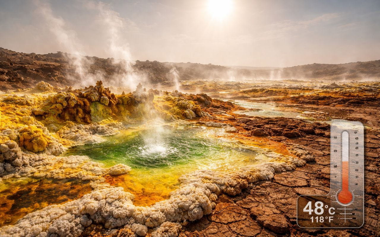 Conheça Dallol, considerado o lugar mais quente do mundo, com temperaturas extremas, paisagens coloridas e clima inóspito na Etiópia.