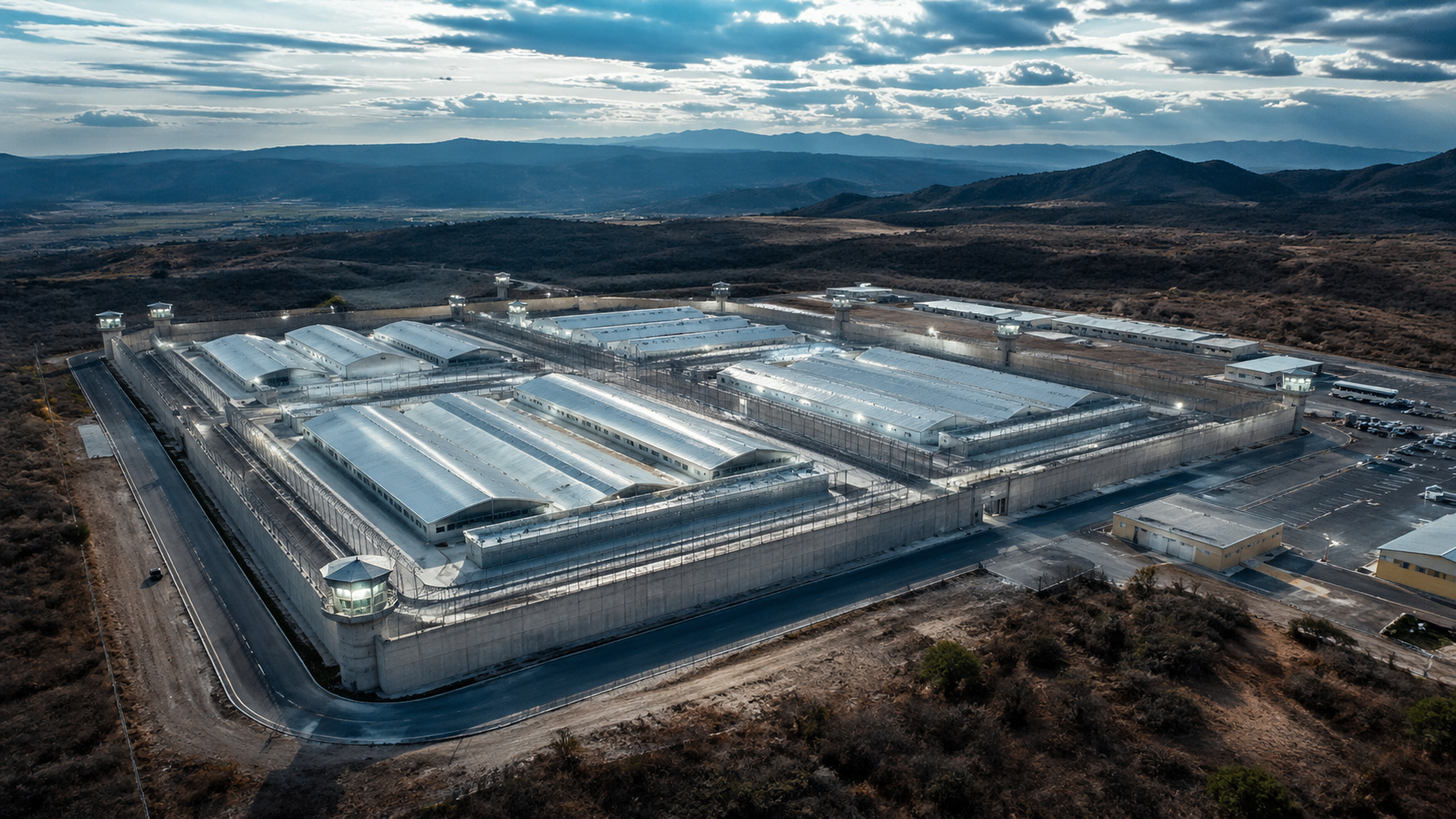 Vista aérea de um mega-presídio de segurança máxima em El Salvador, cercado por altos muros de concreto, torres de vigilância e arame farpado, em área isolada com montanhas ao fundo.