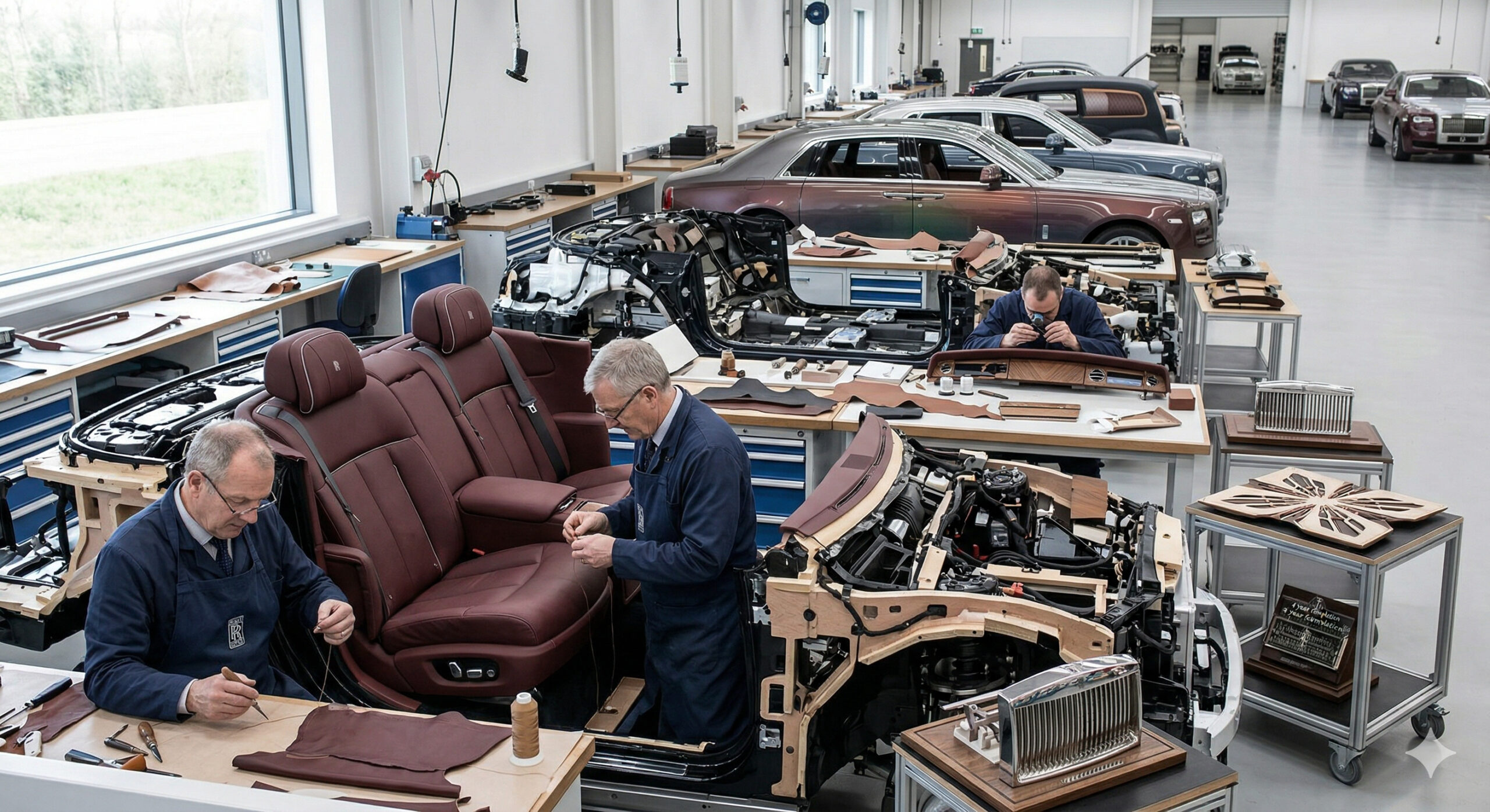 Enquanto boa parte da indústria corre para automatizar a produção, a Rolls-Royce leva mais de 600 horas para montar cada carro à mão em Goodwood e ainda aceita encomendas tão complexas que podem levar até quatro anos para ficar prontas