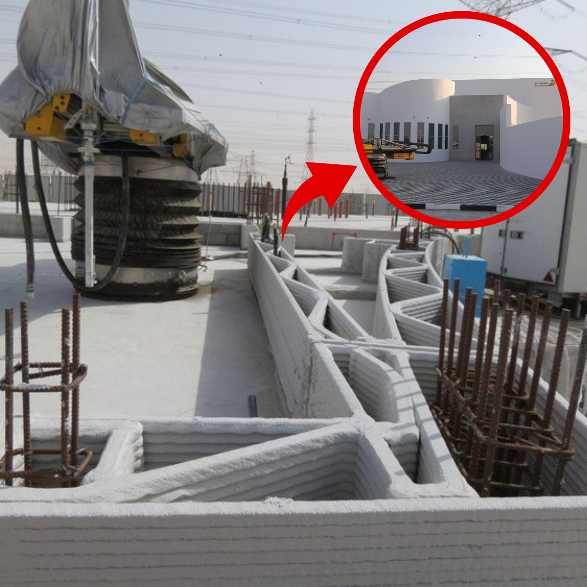 650 m² de paredes erguidas em poucas semanas por uma impressora gigante que deposita concreto camada por camada, projeto da Apis Cor em Dubai acelera construção estrutural e integra plano para que 25% dos edifícios da cidade usem impressão 3D até 2030