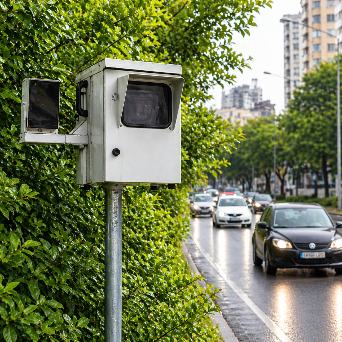 Radar de trânsito parcialmente escondido em meio à vegetação à beira de uma avenida movimentada com carros em circulação