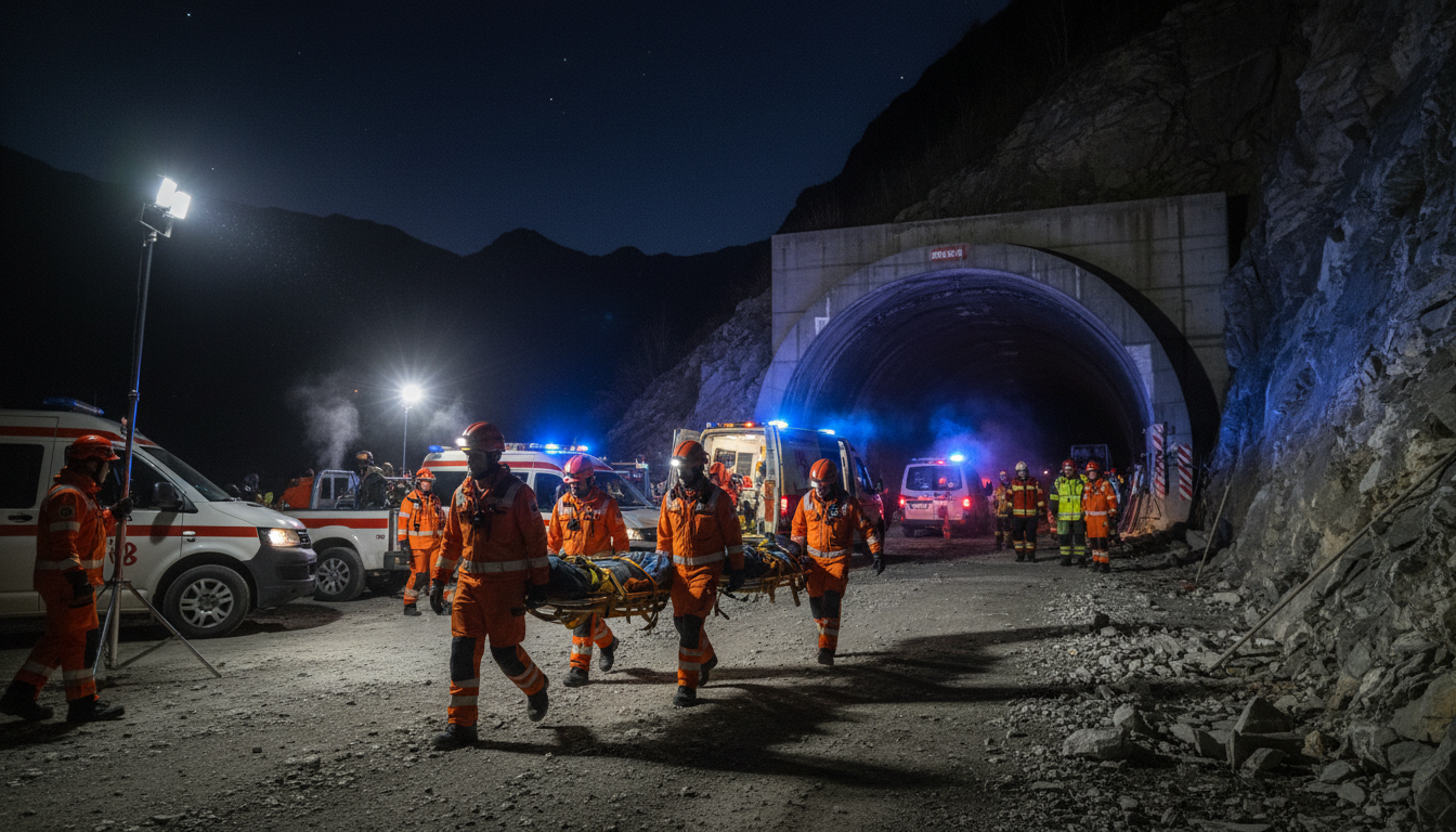 Equipe de resgate com macas próxima a entrada de túnel com ambulâncias ao fundo em cena noturna