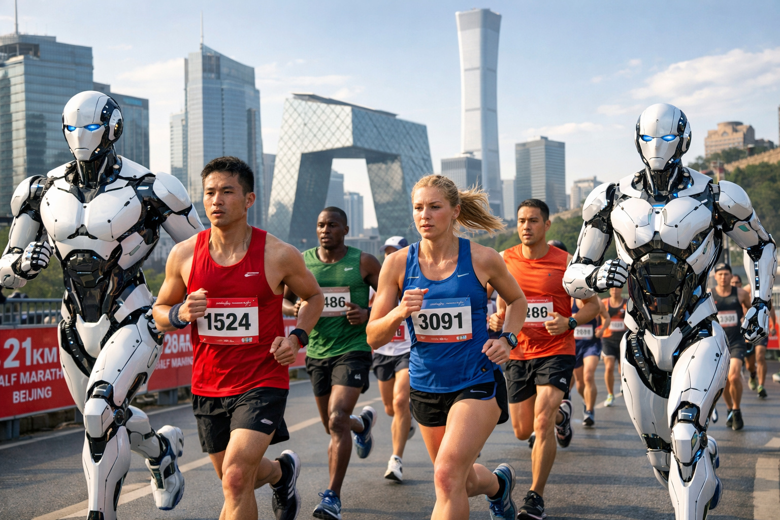robôs humanoides correndo meia maratona em Pequim