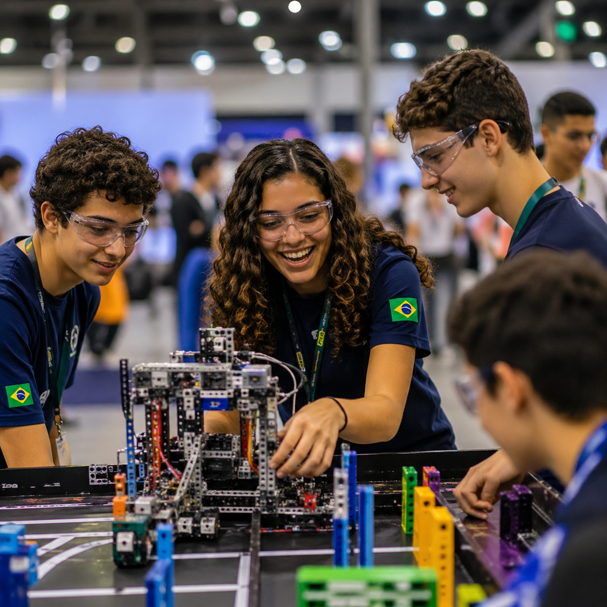 Jovens brasileiros participam de feira de robótica ajustando robô em competição com tecnologia avançada em ambiente indoor