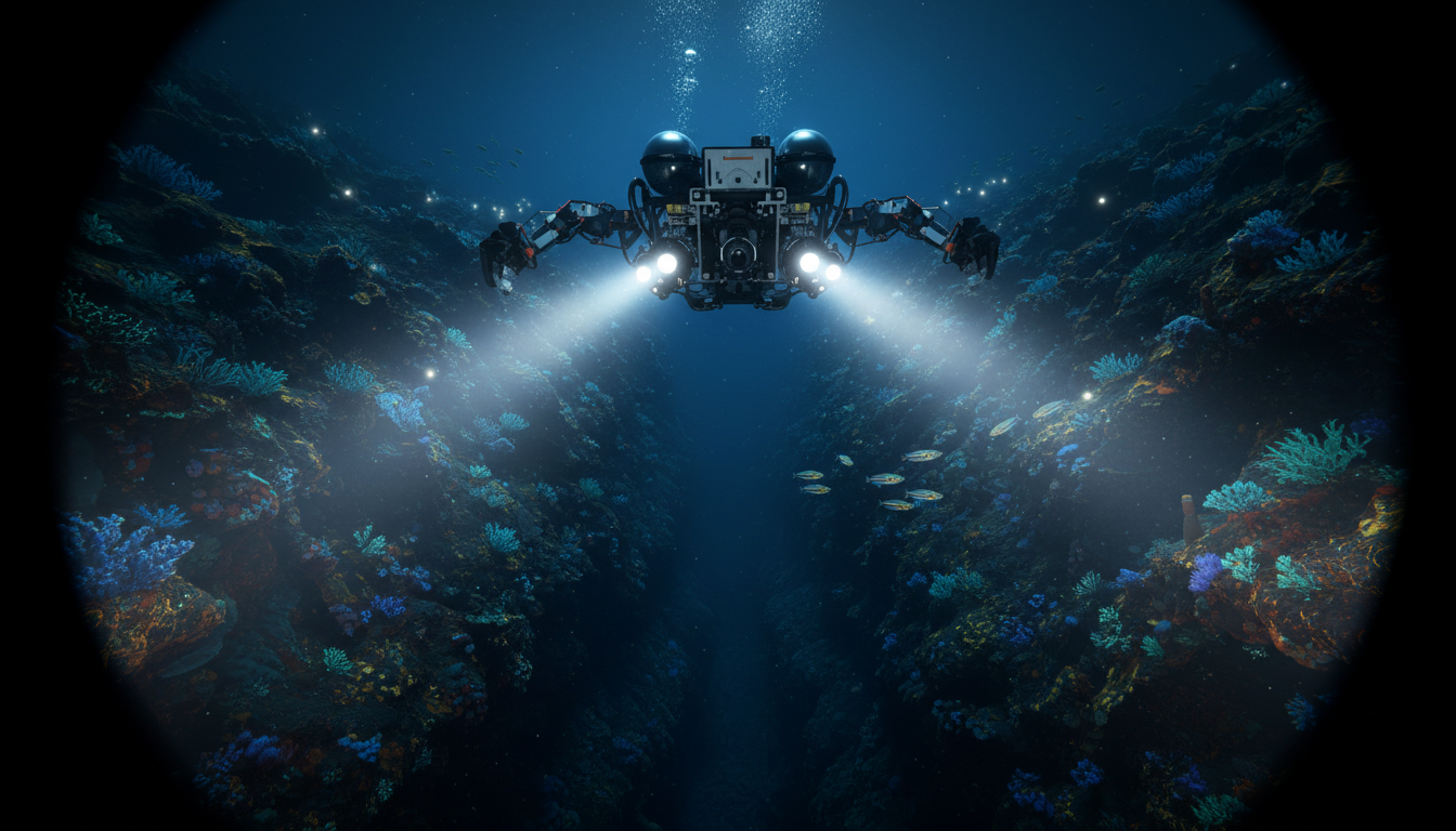Veículo operado remotamente ROV explorando cânion submarino profundo