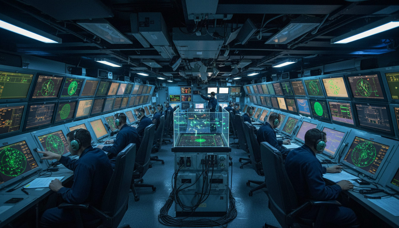 Sala de combate do porta-aviões com marinheiros monitorando radar e sistemas de armas laser