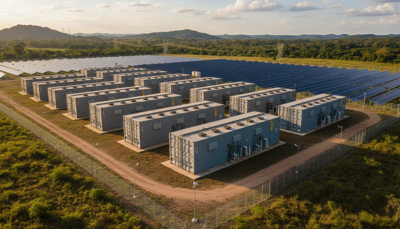 Sistema de armazenamento de energia em baterias de lítio instalado próximo a parque solar