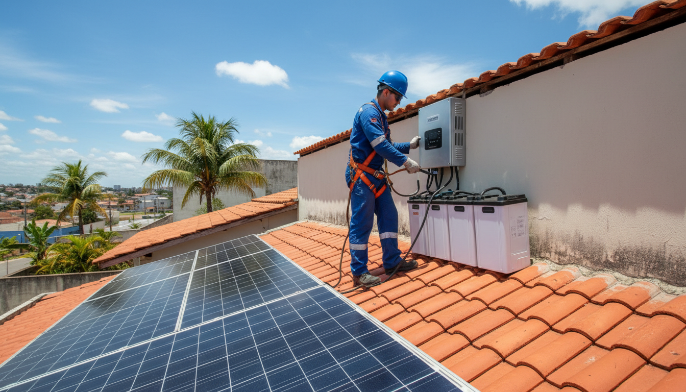 Técnico instalando sistema de armazenamento de energia solar em residência brasileira
