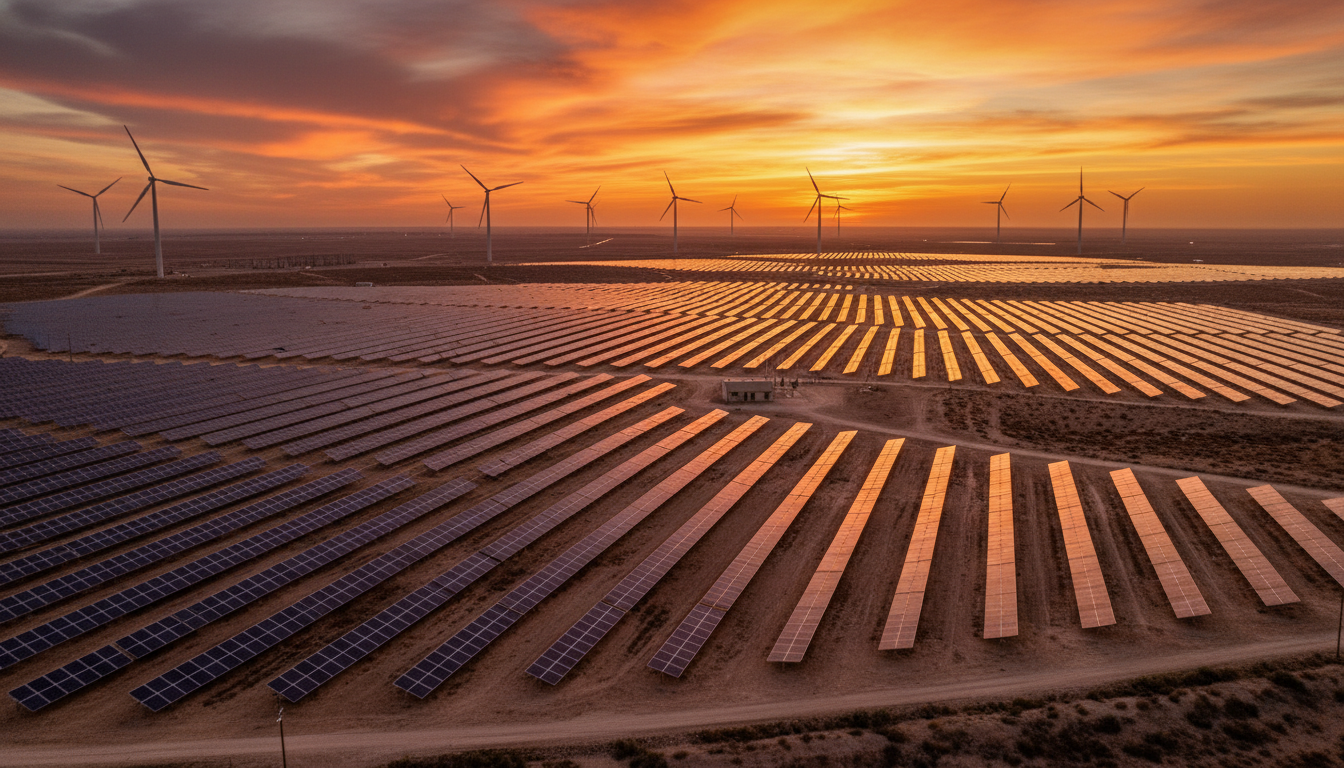 Parque solar e eólico gigante com painéis fotovoltaicos e turbinas eólicas ao pôr do sol representando a geração de energia renovável global