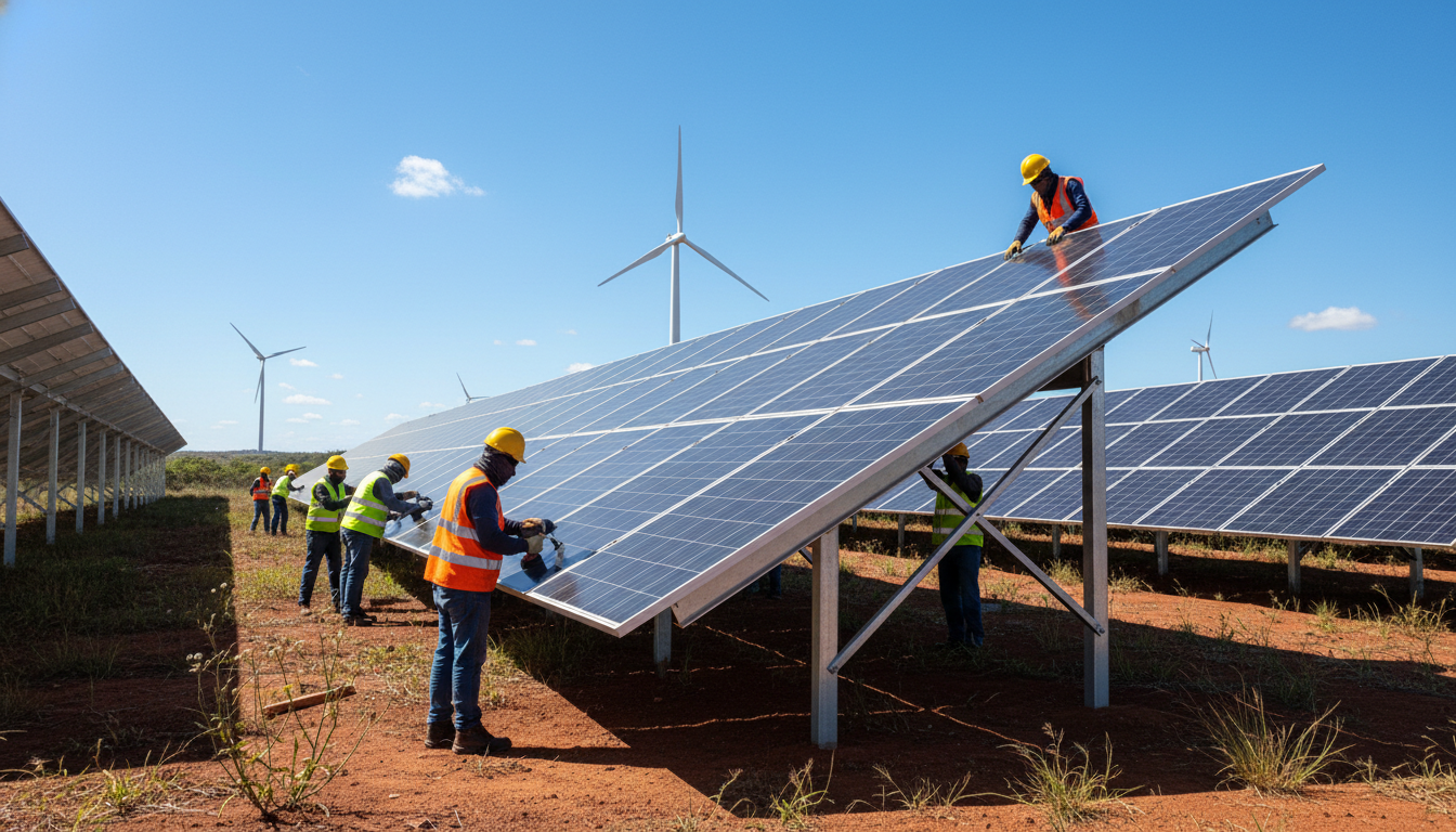 Trabalhadores instalando painéis solares em grande parque fotovoltaico com turbinas eólicas ao fundo no Brasil