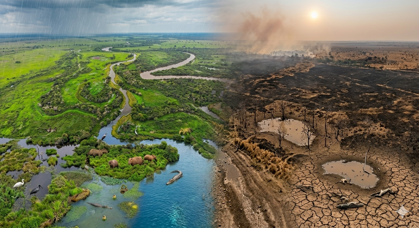 Seca histórica no Pantanal entre 2019 e 2020 reduziu 34% da área alagada, derrubou rios a níveis mínimos e provocou incêndios em 30% do bioma.