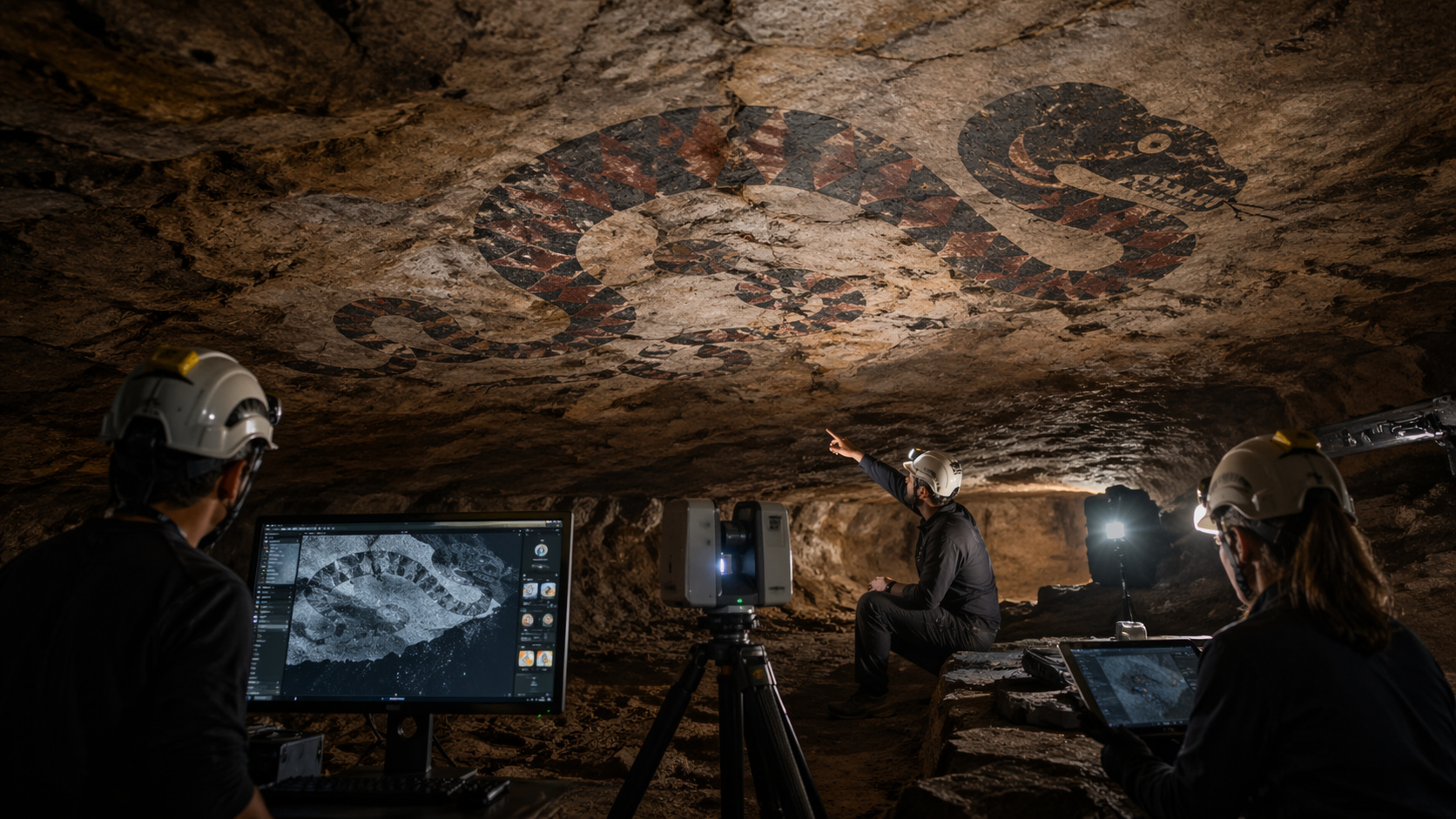 pintura indígena de serpente gigante em caverna no Alabama revelada por tecnologia 3D