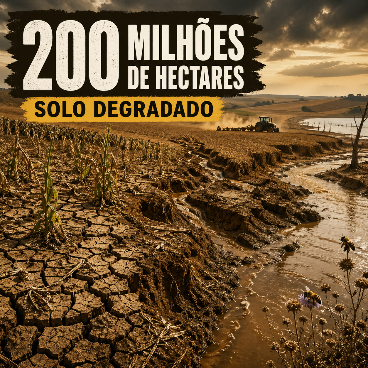 Brasil tem 200 milhões de hectares de solos degradados, comprometendo água, solo e polinização e colocando em risco a produção agrícola, segundo especialistas.