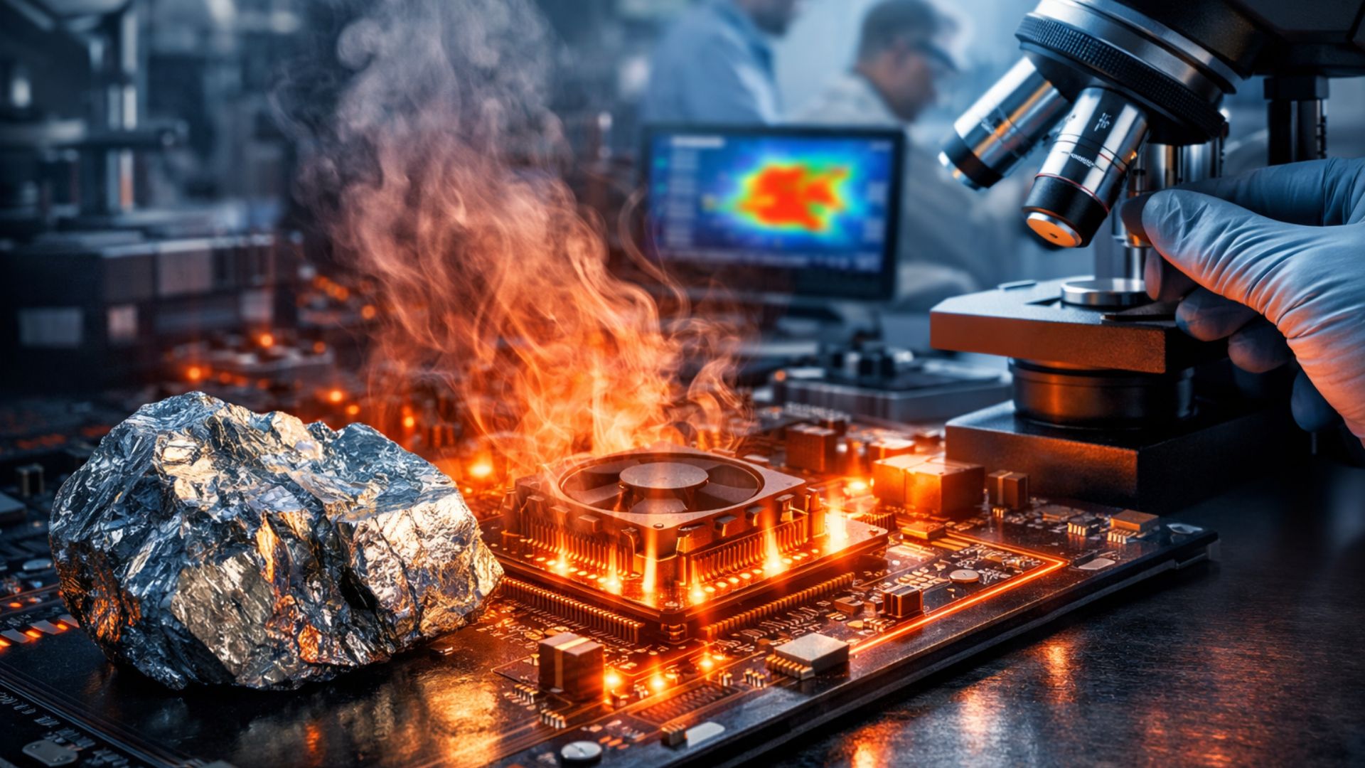 Novo material metálico é analisado em laboratório enquanto chip eletrônico apresenta superaquecimento, ilustrando avanço dos cientistas da UCLA na dissipação térmica em tecnologia